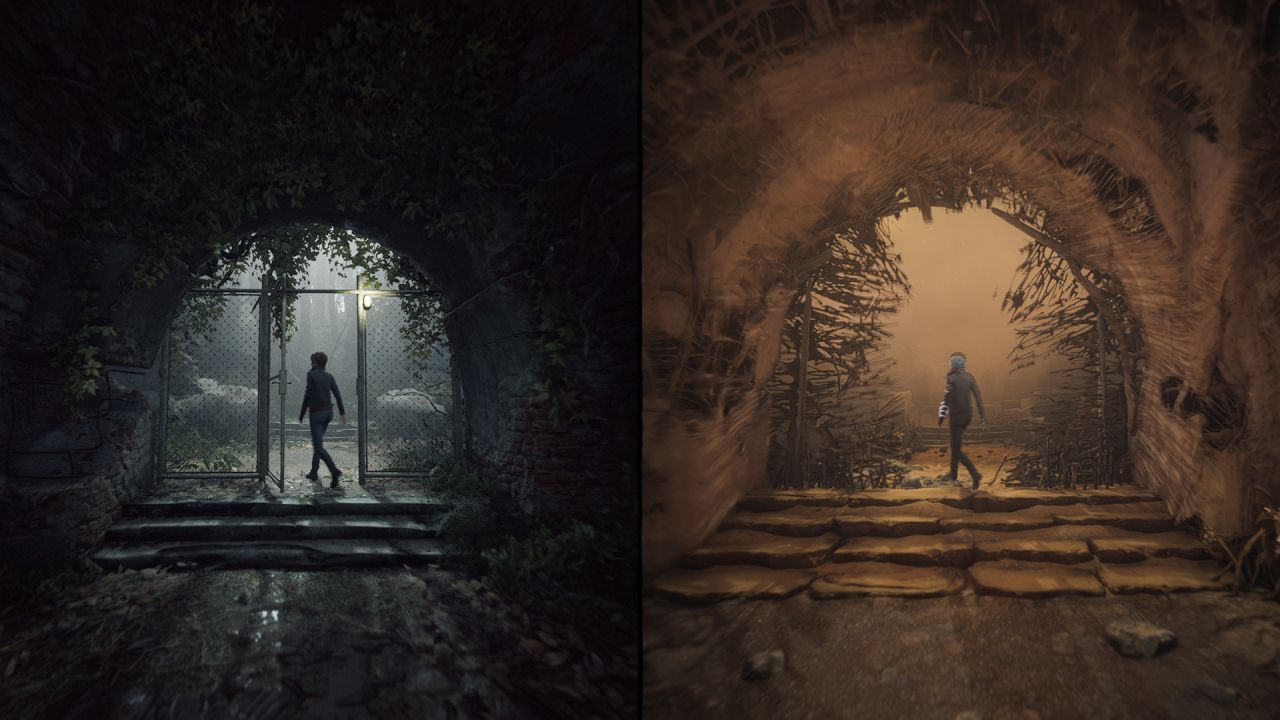 Screenshot of the medium, another spooky games to enjoy this halloween. A guy standing in an entrance, in a dual spooky games worlds shown in one screen.