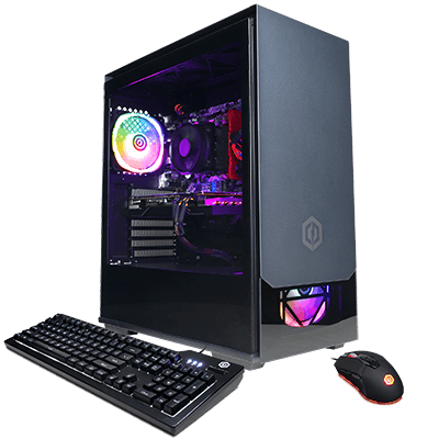 Black gaming PC with purple LED lights