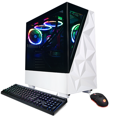 White gaming PC with diagonally split front panel that has a 3-D texture
