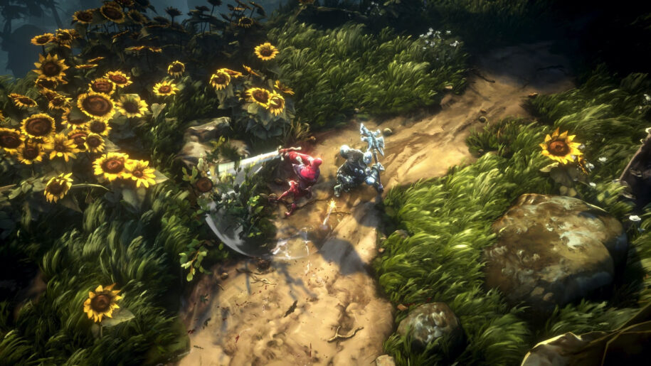 Best Gaming PCs for No Rest For The Wicked - Screenshot of the upcoming game "No Rest for the Wicked". To characters with swords doing battle in a field surrounded by sunflowers. It is in a top down isometric view. 