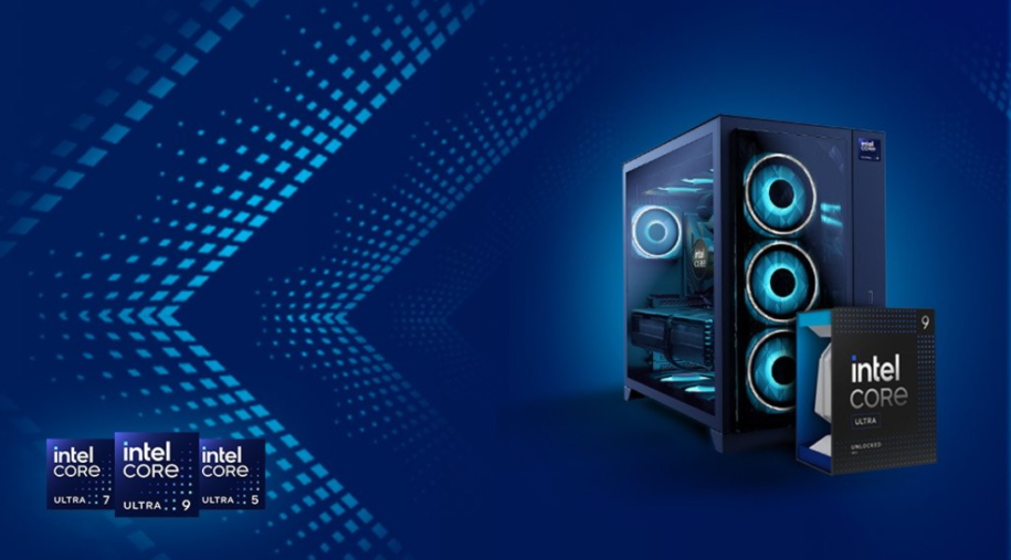 Intel Core Ultra Processors on a blue background, next to a blue PC. The Intel Core logo is prominently displayed