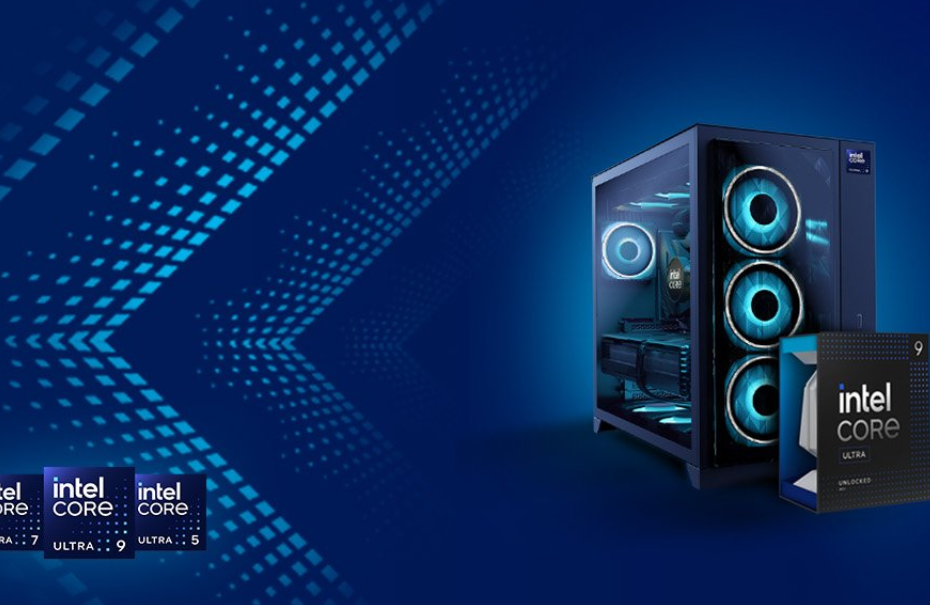 Intel Core Ultra Processors on a blue background, next to a blue PC. The Intel Core logo is prominently displayed
