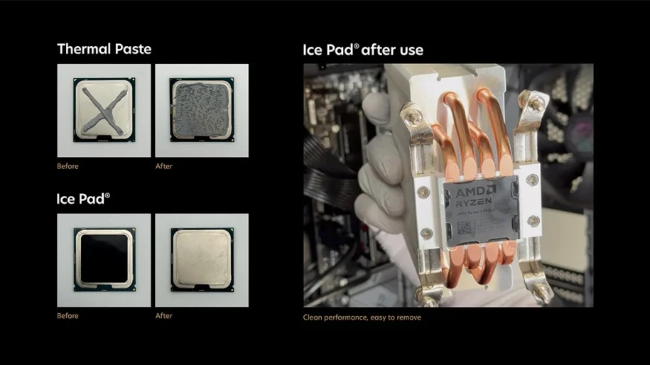 Before and after images showing the difference between traditional thermal paste and the Carbice Ice Pad