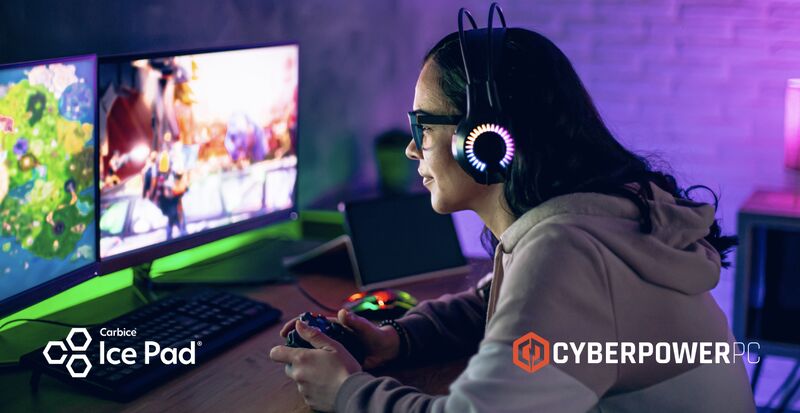 Carbice Ice Pad and CyberPowerPC
Female gamer with headphones staring and smiling at game.