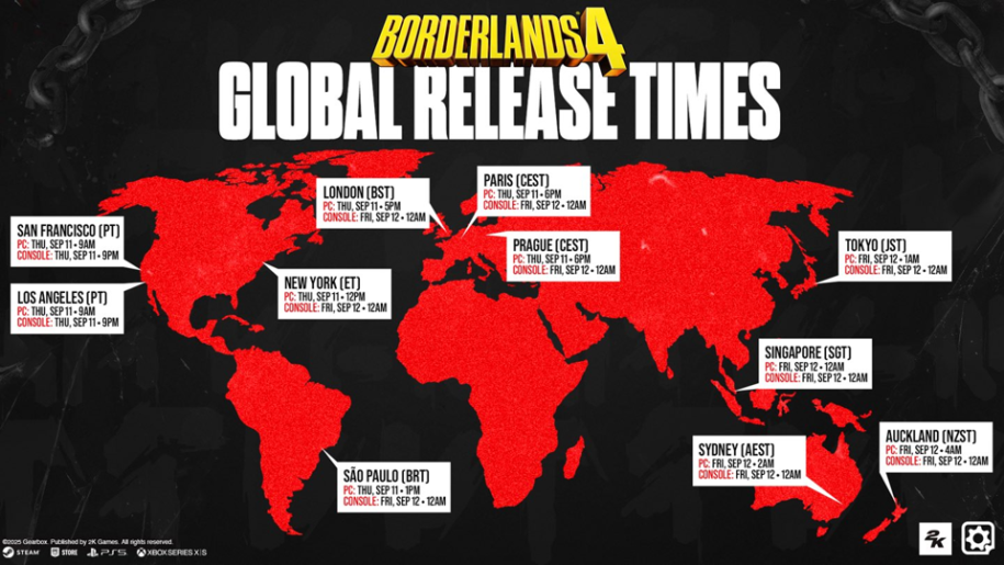 Map showing the global release times of Borderlands 4