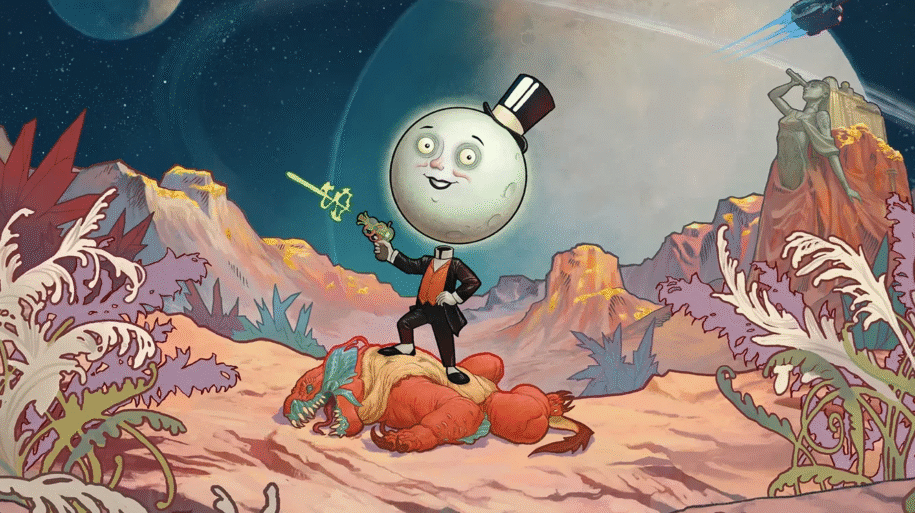 Character holding weapon on defeated creature.