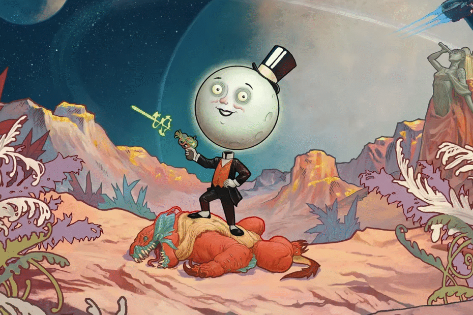 Character holding weapon on defeated creature.