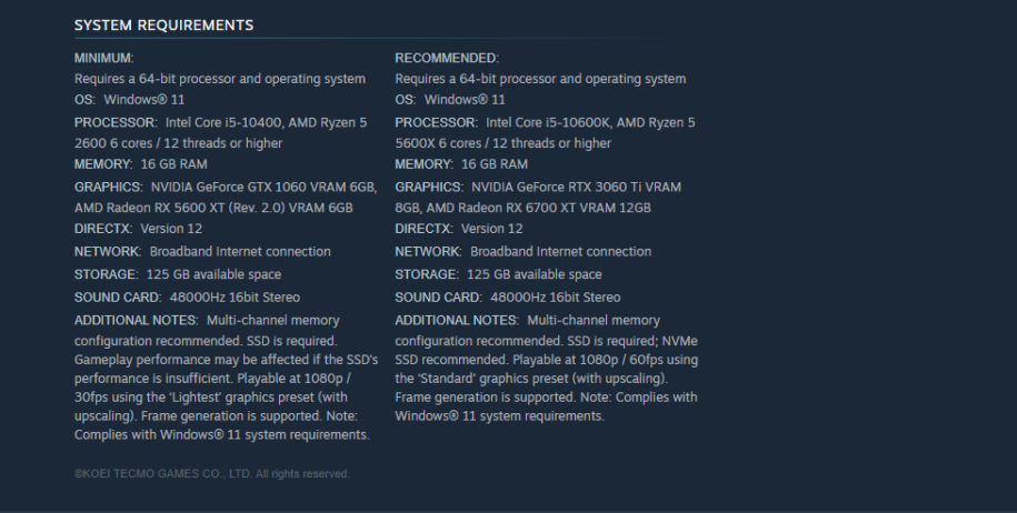Chart showing the Nioh 3 System Requirements
