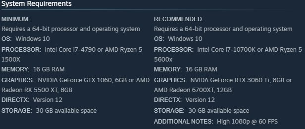 Chart showing the minimum and recommended PC specs for Greedfall: The Dying World