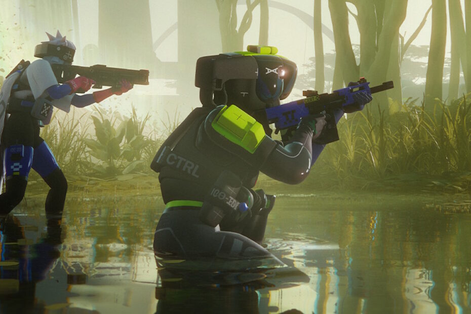 Marathon Screenshot - two runners crouched in a swamp