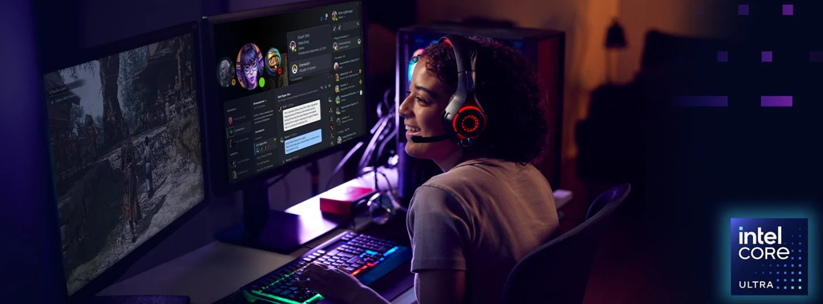 Intel Core Ultra - A woman with headphones on at her desk playing a game.