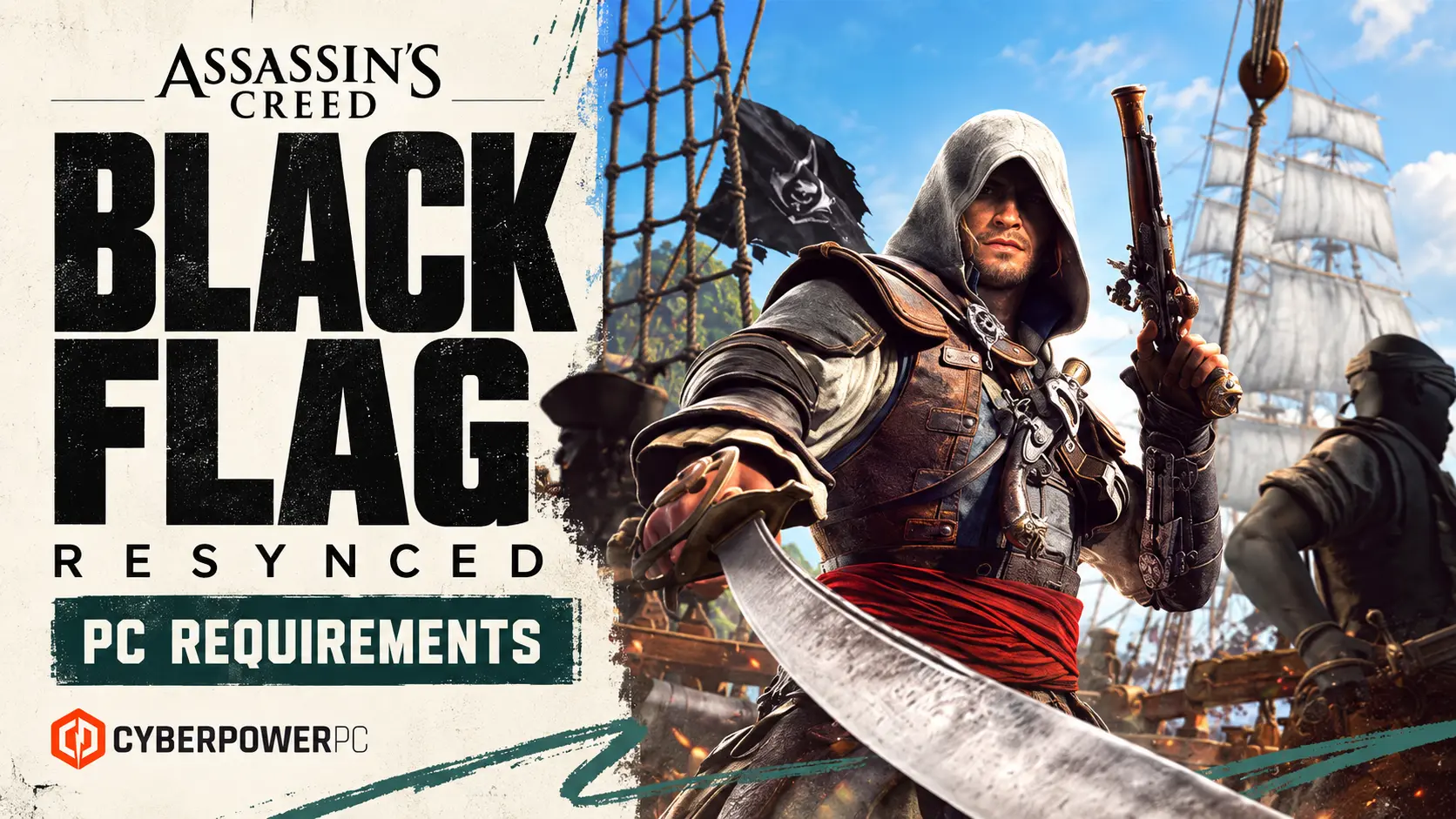Assassin’s Creed Black Flag Resynced artwork in a cream and sea-green PC requirements feature layout.