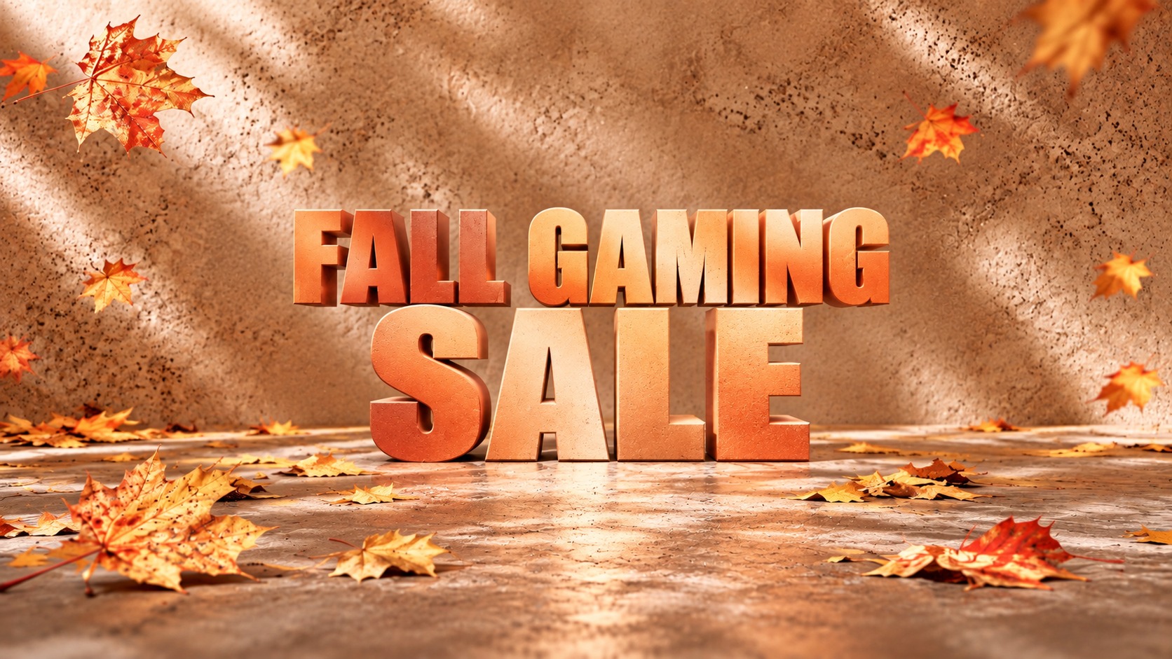 Fall Gaming Sale in centered terracotta lettering surrounded by autumn leaves