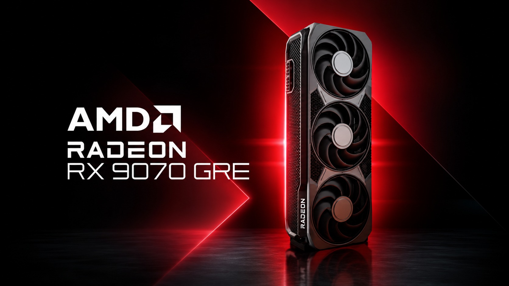 AMD Radeon RX 9070 GRE graphics card against a dark red background