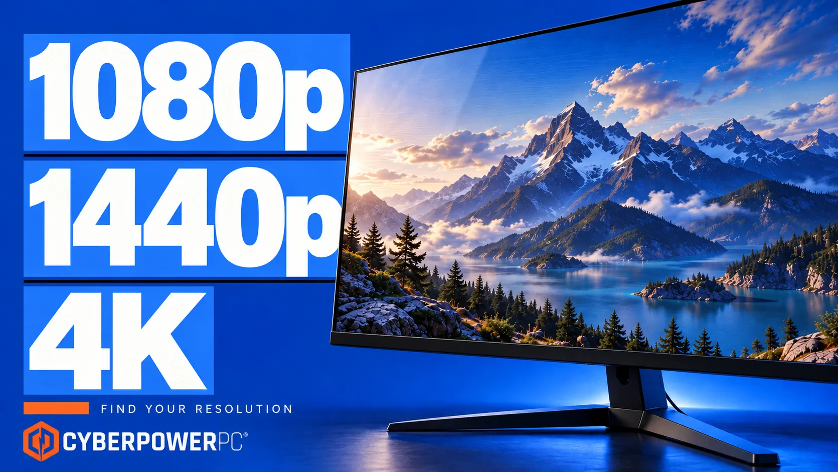 1080p, 1440p and 4K gaming resolution guide beside a widescreen gaming monitor
