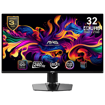 32" MSI MAG 321UPX QD-OLED 4K 3840x2160 (UHD) 240Hz refresh rate, and rapid 0.03ms (GtG) QD-OLED Gaming Monitor