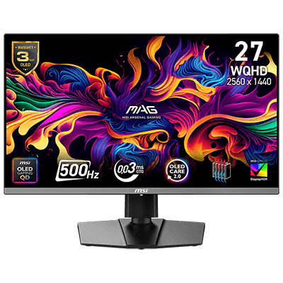 27" MSI MAG 272QP QD-OLED 2560x1440 (WQHD) 500Hz refresh rate, rapid 0.03ms(GtG) QD-OLED G-SYNC Gaming Monitor