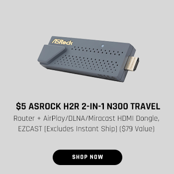 $5 ASRock H2R 2-in-1 N300 Travel Router + AirPlay/DLNA/Miracast HDMI Dongle, EZCAST [Excludes Instant Ship] ($79 Value) $5 ASROCK H2R 2-IN-1 N300 TRAVEL Router AirPlayOLNAMiracast HOMI Dongle, EZCAST Excludes Instant Ship $73 Value EIT 