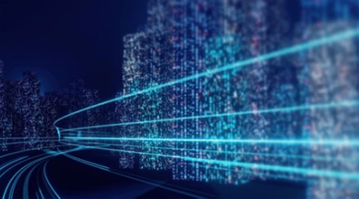 Futuristic digital cityscape with blue lights and data streams, evoking innovation.