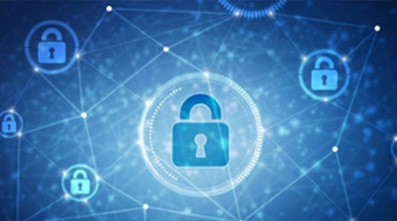 Blue lock surrounded by glowing lines and smaller locks, symbolizing cybersecurity.