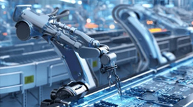 Robotic arms assemble electronics on a conveyor in a high-tech factory.